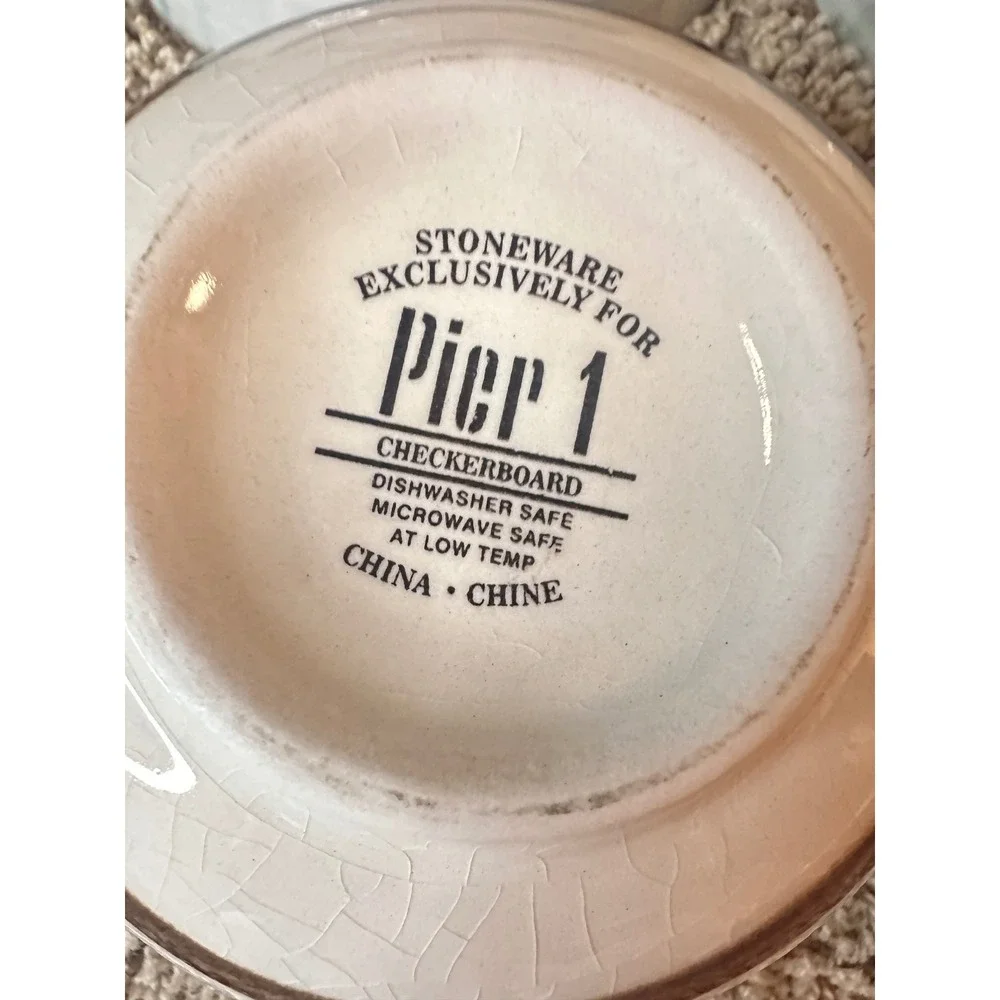 Pier 1 Checkerboard Stoneware Bowls Set of 4 Light Blue White Crackle Glaze 6.25